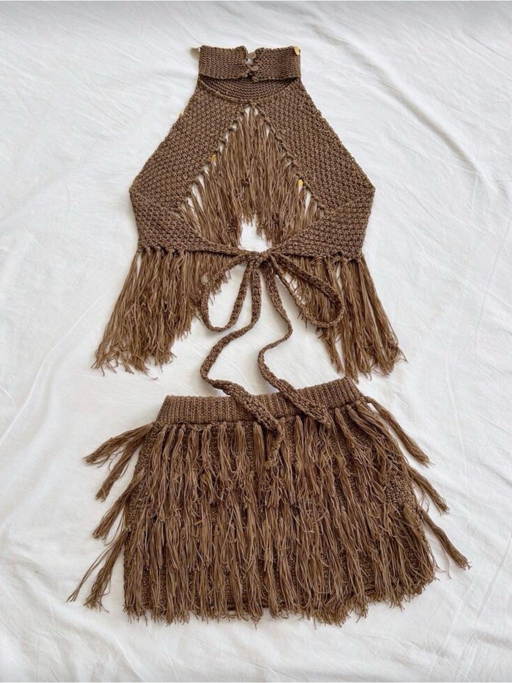 Boho Brown Fringe Crochet 2-Piece Set | size Medium | BRAND NEW NEVER WORN - Picture 2 of 3